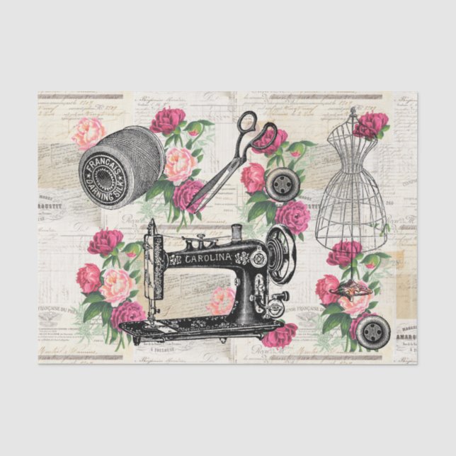 Vintage Sewing Pink Roses French Tissue Paper (Front)