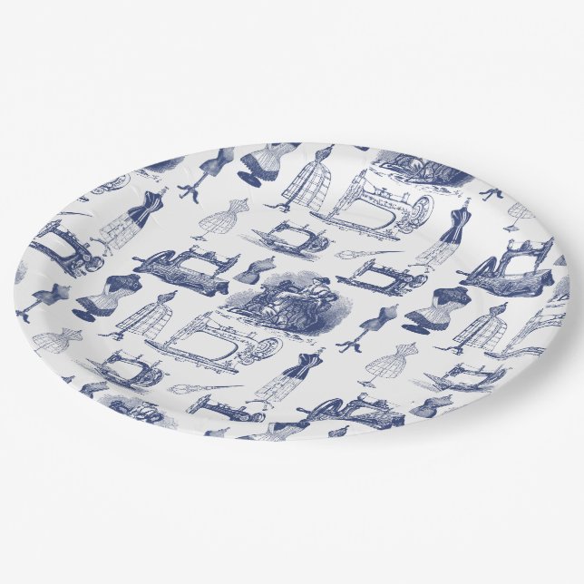 Vintage Sewing Toile Paper Plates (Angled)