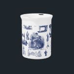 Vintage Sewing Toile Pitcher<br><div class="desc">This product features my "Vintage Sewing Toile" design in blue. It depicts various vintage sewing machines, scissors, a Victorian lady who is hand sewing and also corset- and dress mannequins as well as a mannequin that has been outfitted with a bustle underskirt.</div>