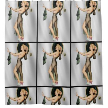 Vintage Sexy Blond Pinup In Sheer Black Silver Shower Curtain by SterlingMoon at Zazzle