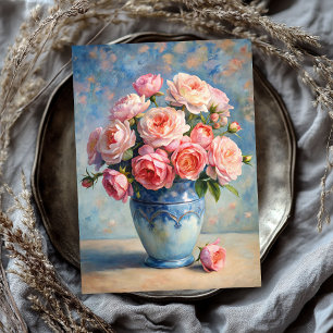 Vintage shabby blush roses bouquet in blue vase tissue paper