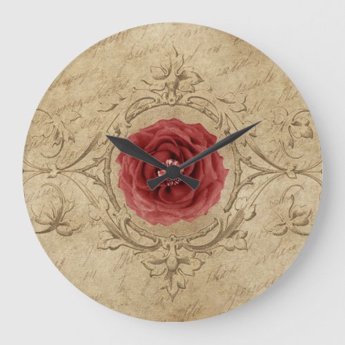 Vintage Shabby Chic Antique Single Red Rose Large Clock