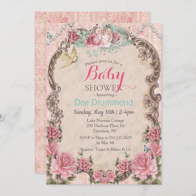 Vintage Shabby Chic Baby Shower Floral  Invitation (Front/Back)