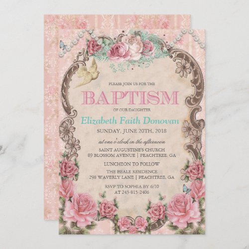 Vintage Shabby Chic Baptism Invitation