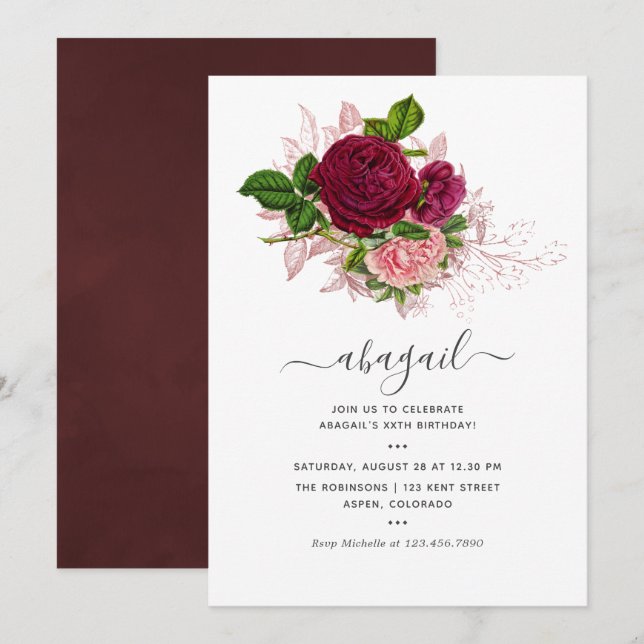 Vintage Shabby-Chic Blush and Burgundy Birthday Invitation (Front/Back)