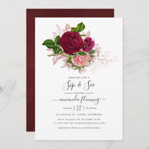 Vintage Shabby_Chic Blush and Burgundy Sip and See Invitation