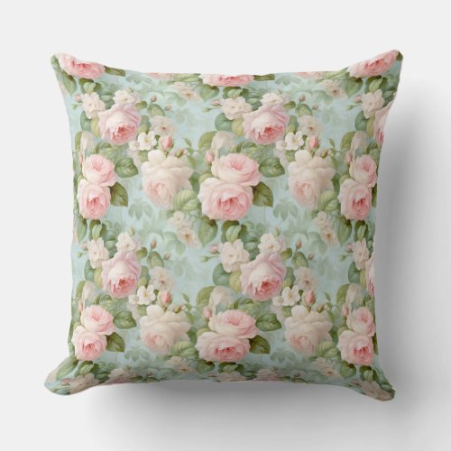 Vintage shabby chic blush pink roses greenery throw pillow