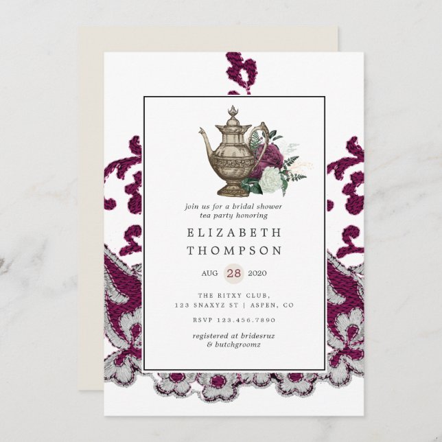 Vintage Shabby-Chic Bridal Shower Tea Party Invitation (Front/Back)