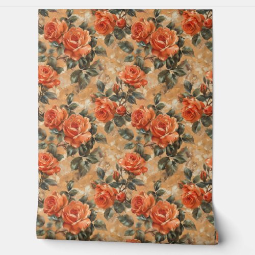 Vintage shabby chic copper orange English roses Wallpaper