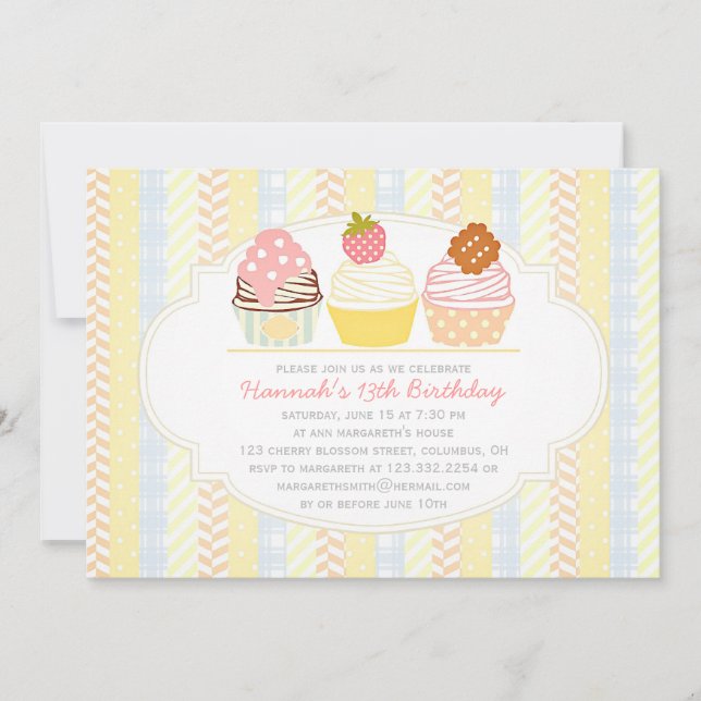 Vintage Shabby & Chic Cute Cupcake Party Invitation (Front)