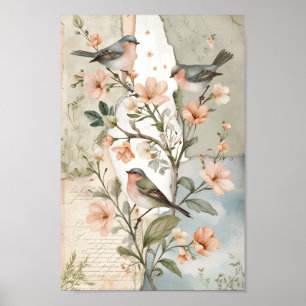 Vintage Shabby Chic Decoupage Bird Botanical Art Poster