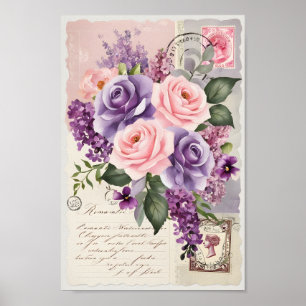 Vintage Shabby Chic Decoupage Floral Collage Art Poster