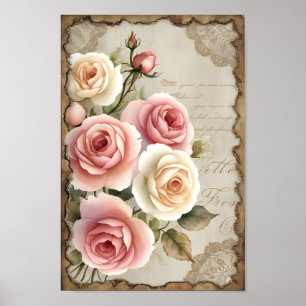 Vintage Shabby Chic Decoupage Roses Wall Art