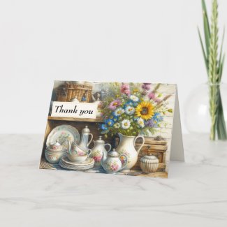 Vintage Shabby Chic Dishes Teapot and Wildflowers  Thank You Card