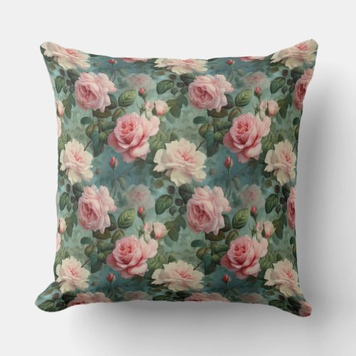 Vintage shabby chic dusty pink roses greenery throw pillow