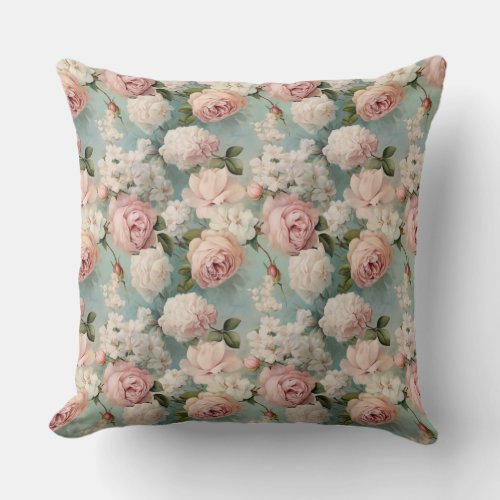 Vintage shabby chic dusty pink roses greenery throw pillow