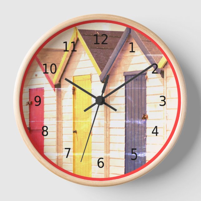 Vintage, shabby chic, English seaside beach huts Clock (Front)