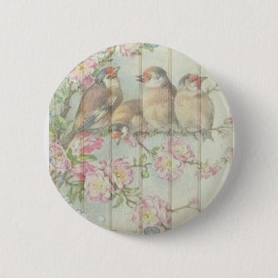 Vintage Shabby Chic Faded Floral Birds Art Design Button
