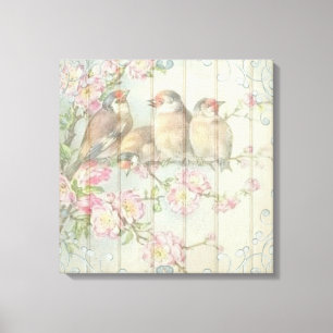 Vintage Shabby Chic Faded Floral Birds Art Design Canvas Print