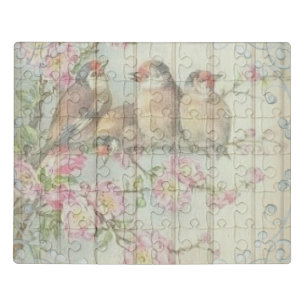 Vintage Shabby Chic Faded Floral Birds Art Design Jigsaw Puzzle