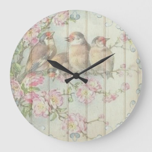 Vintage Shabby Chic Faded Floral Birds Art Design  Large Clock
