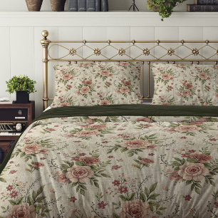 Vintage Shabby Chic Floral Dusty Pink Roses Sage Duvet Cover