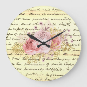 Vintage Shabby Chic Floral Handwriting Ephemera Large Clock