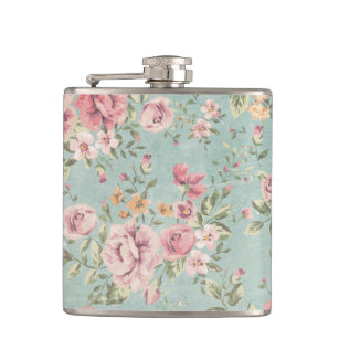 Vintage shabby chic floral teal pink girly elegant flask
