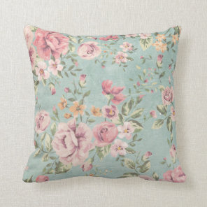 Vintage shabby chic floral teal pink girly elegant throw pillow