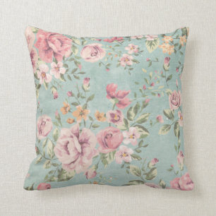 Vintage shabby chic floral teal pink girly elegant throw pillow