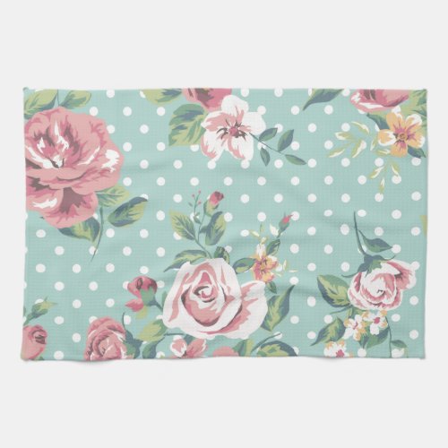 Vintage shabby chic floral teal pink girly kitchen towel