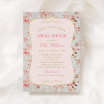 Vintage Shabby Chic Floral Wedding Shower Invitation<br><div class="desc">A charming vintage inspired wedding bridal shower invitation featuring a delicate shabby chic rose print on a soft blue green background with an ornate bracket frame and blush pink text panel. Gold scrollwork flourishes and calligraphy script add old world elegance while pink and gold typography complete the romantic, cottage style...</div>