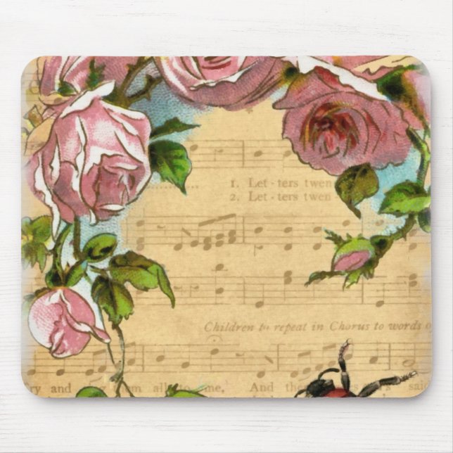Vintage Shabby Chic Flowers & Music Collage Mouse Pad (Front)