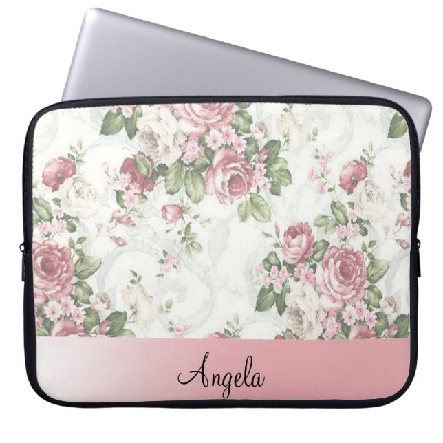 Vintage Shabby Chic Flowers-Personalized Laptop Sleeve (Front)