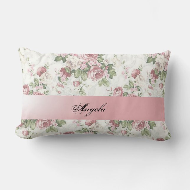 Vintage Shabby Chic Flowers-Personalized Lumbar Pillow (Front)