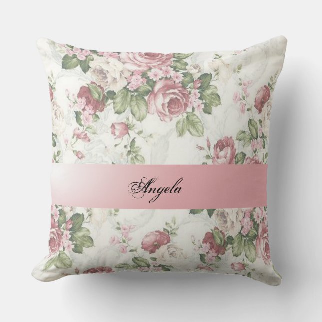 Vintage Shabby Chic Flowers-Personalized Throw Pillow (Front)