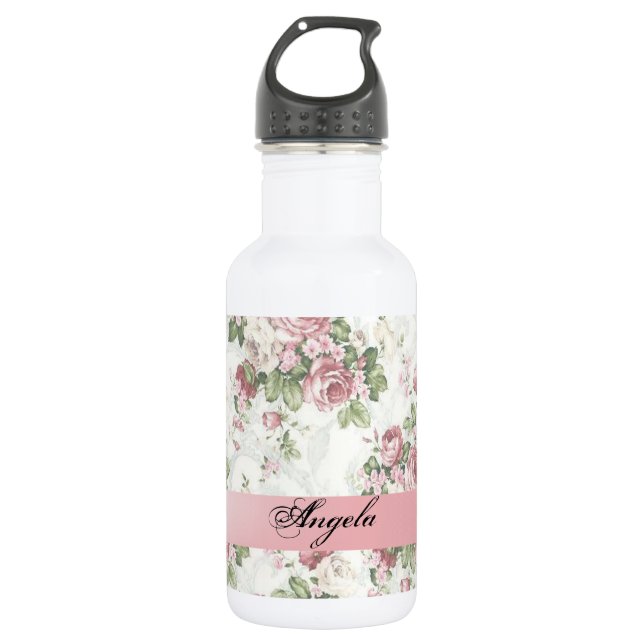 Vintage Shabby Chic Flowers-Personalized Water Bottle (Front)