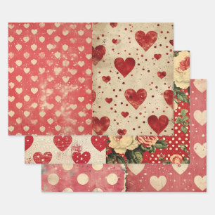 Vintage Shabby Chic Half Mix Red Floral Heart Spot Wrapping Paper Sheets