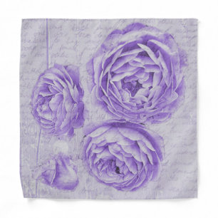 Vintage Shabby Chic Lilac Roses on Antique Script Bandana