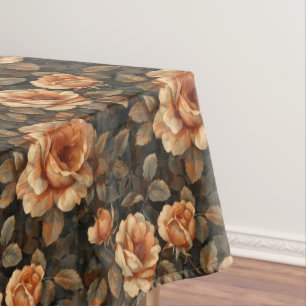 Vintage shabby chic living coral orange roses sage tablecloth