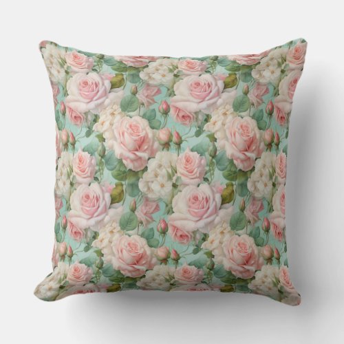 Vintage shabby chic pale pink and white roses throw pillow