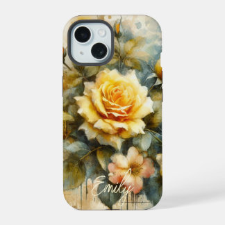 Vintage Shabby Chic Pale Yellow Rose Custom Name iPhone 15 Case