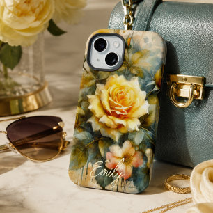 Vintage Shabby Chic Pale Yellow Rose Custom Name iPhone 15 Case