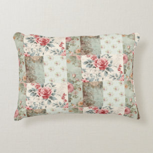 Vintage Shabby Chic Pastel Green Florals Patchwork Accent Pillow