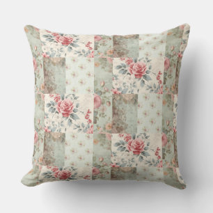 Vintage Shabby Chic Pastel Green Florals Patchwork Outdoor Pillow