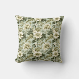 Vintage shabby chic pastel green white roses throw pillow