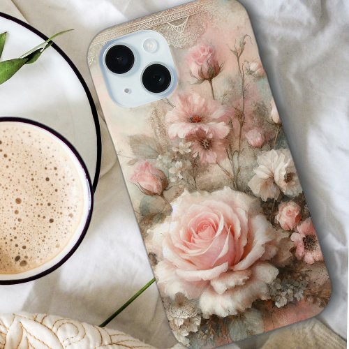 Vintage Shabby Chic Pastel Pink Rose iPhone 15 Case