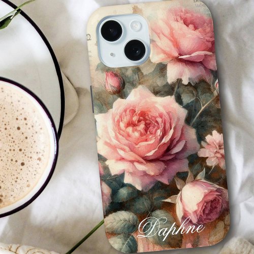 Vintage Shabby Chic Pastel Pink Rose Custom Name iPhone 15 Case