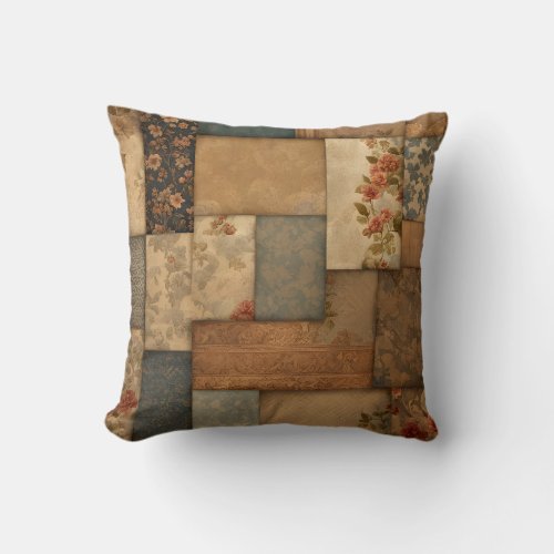 Vintage Shabby Chic Patchwork in Brown Throw Pillow