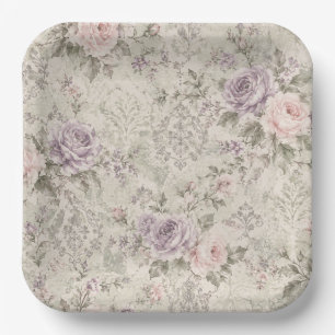 Vintage Shabby Chic Pink and Lavender Roses Lumbar Paper Plates